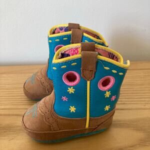 John Deere Infant Baby 1M Girls Leather Crib Boots Blue Floral Pink Soft Soles